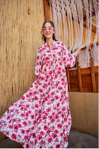 Etnik Çicek Desenli Elbise Fuşya