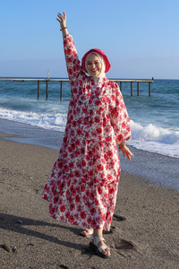 Etnik Çicek Desenli Elbise Fuşya