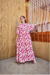 Etnik Çicek Desenli Elbise Fuşya