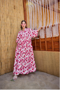 Etnik Çicek Desenli Elbise Fuşya