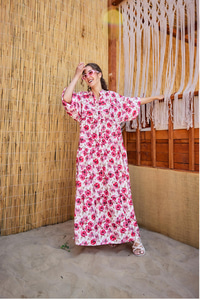 Etnik Çicek Desenli Elbise Fuşya