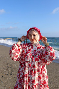 Etnik Çicek Desenli Elbise Fuşya