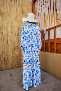 Etnik Çicek Desenli Elbise Mavi