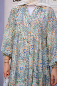 Etnik Çicek Desenli Elbise Yeşil