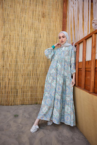 Etnik Çicek Desenli Elbise Yeşil