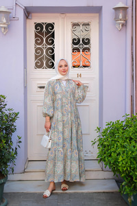 Etnik Çicek Desenli Elbise Yeşil