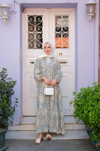 Etnik Çicek Desenli Elbise Yeşil