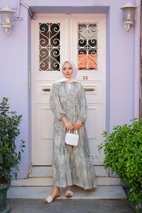 Etnik Çicek Desenli Elbise Yeşil