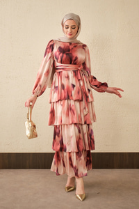 Etnik Deseb Arkadan Bağlamalı Elbise Kiremit