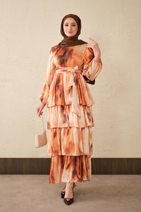 Etnik Deseb Arkadan Bağlamalı Elbise Turuncu