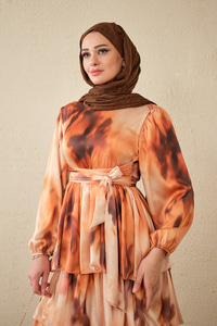 Etnik Deseb Arkadan Bağlamalı Elbise Turuncu