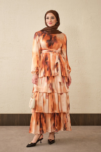 Etnik Deseb Arkadan Bağlamalı Elbise Turuncu