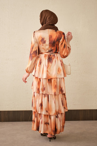 Etnik Deseb Arkadan Bağlamalı Elbise Turuncu