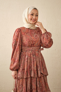 Etnik Desen Arkadan Bağlamalı Elbise Bordo