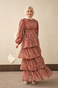 Etnik Desen Arkadan Bağlamalı Elbise Bordo