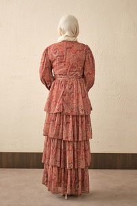 Etnik Desen Arkadan Bağlamalı Elbise Bordo