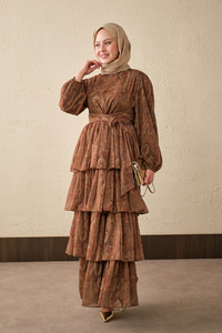 Etnik Desen Arkadan Bağlamalı Elbise Kahverengi