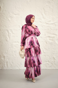 Etnik Desen Arkadan Bağlamalı Elbise Mor