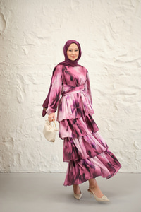 Etnik Desen Arkadan Bağlamalı Elbise Mor