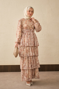 Etnik Desen Arkadan Bağlamalı Elbise Vizon