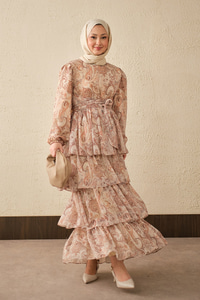 Etnik Desen Arkadan Bağlamalı Elbise Vizon