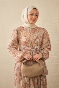 Etnik Desen Arkadan Bağlamalı Elbise Vizon