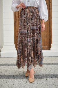 Etnik Desen Asimetrik Kesim Şifon Etek Gri