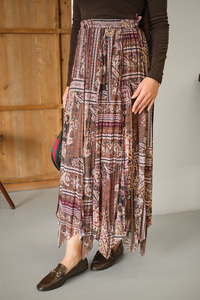 Etnik Desen Asimetrik Kesim Şifon Etek Mürdüm