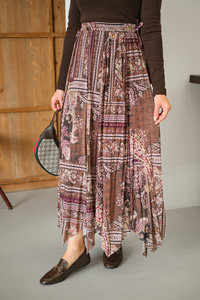 Etnik Desen Asimetrik Kesim Şifon Etek Mürdüm