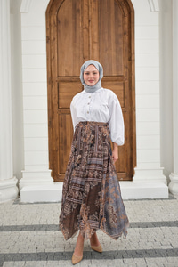 Etnik Desen Asimetrik Kesim Şifon Etek Gri