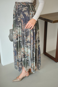 Etnik Desen Asimetrik Kesim Şifon Etek Yeşil