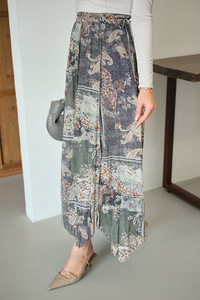 Etnik Desen Asimetrik Kesim Şifon Etek Yeşil