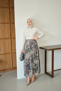 Etnik Desen Asimetrik Kesim Şifon Etek Yeşil