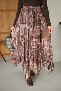 Etnik Desen Asimetrik Kesim Şifon Etek Mürdüm