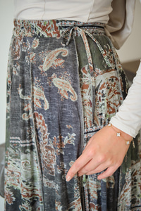 Etnik Desen Asimetrik Kesim Şifon Etek Yeşil