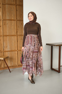 Etnik Desen Asimetrik Kesim Şifon Etek Mürdüm