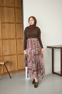 Etnik Desen Asimetrik Kesim Şifon Etek Mürdüm