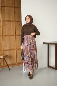 Etnik Desen Asimetrik Kesim Şifon Etek Mürdüm