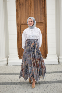 Etnik Desen Asimetrik Kesim Şifon Etek Antrasit