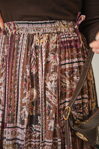 Etnik Desen Asimetrik Kesim Şifon Etek Mürdüm
