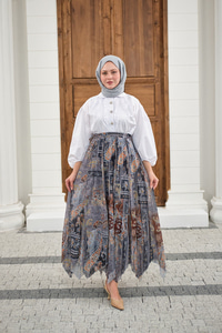 Etnik Desen Asimetrik Kesim Şifon Etek Antrasit