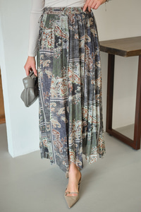 Etnik Desen Asimetrik Kesim Şifon Etek Yeşil