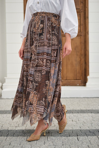 Etnik Desen Asimetrik Kesim Şifon Etek Gri