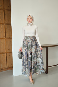 Etnik Desen Asimetrik Kesim Şifon Etek Yeşil