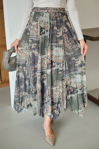 Etnik Desen Asimetrik Kesim Şifon Etek Yeşil