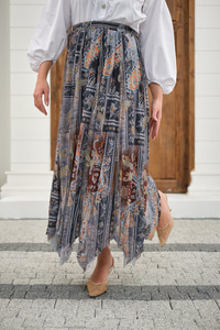 Etnik Desen Asimetrik Kesim Şifon Etek Antrasit