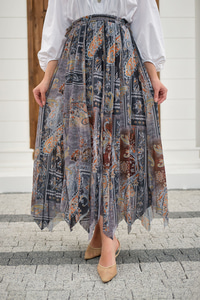 Etnik Desen Asimetrik Kesim Şifon Etek Antrasit