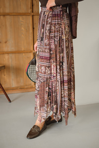 Etnik Desen Asimetrik Kesim Şifon Etek Mürdüm