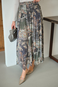 Etnik Desen Asimetrik Kesim Şifon Etek Yeşil