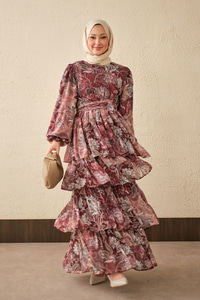 Etnik Desen Bel Bağlamalı Elbise Bordo